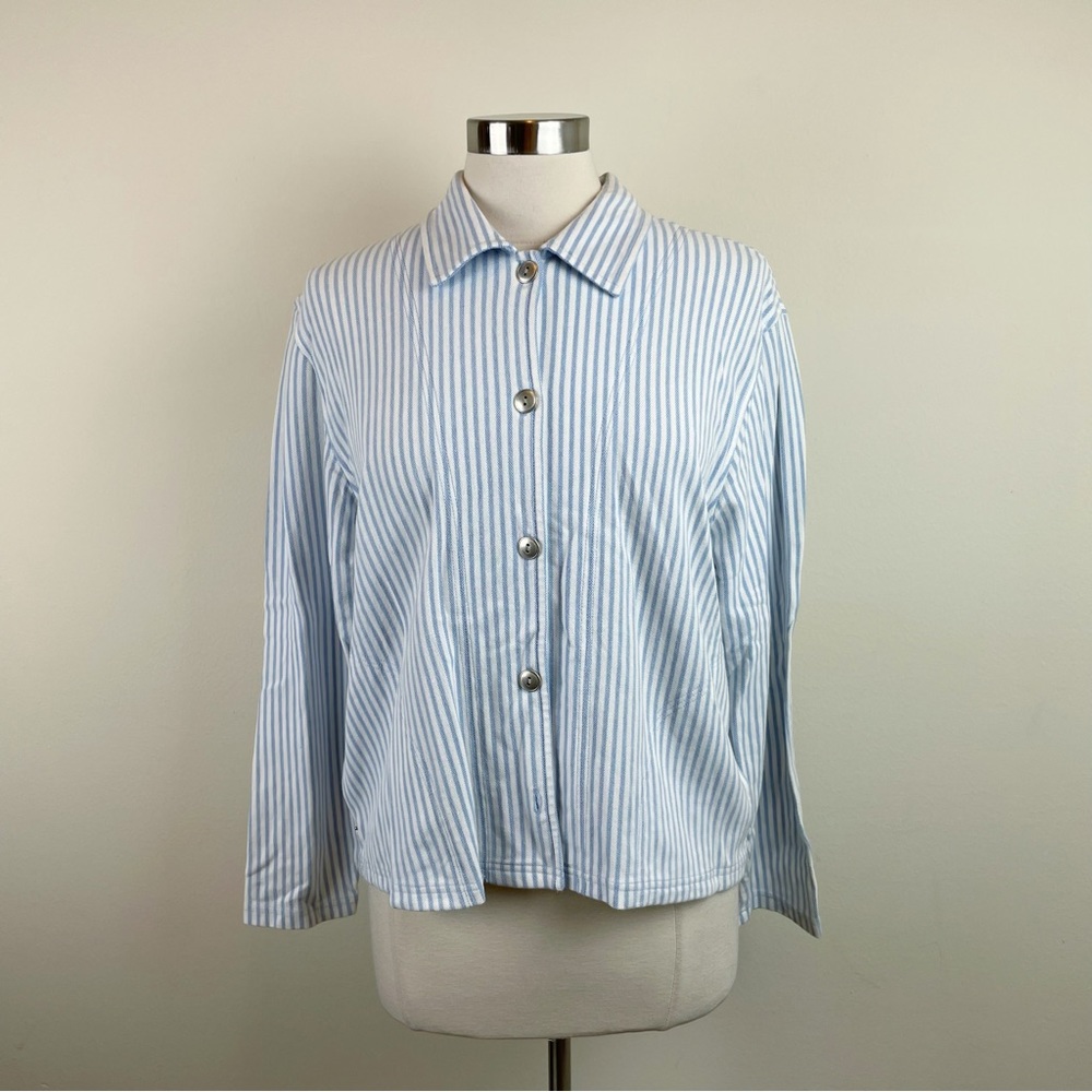 Kim Rogers Sport Blue White Seersucker Stripe Button Front Jacket Women Medium